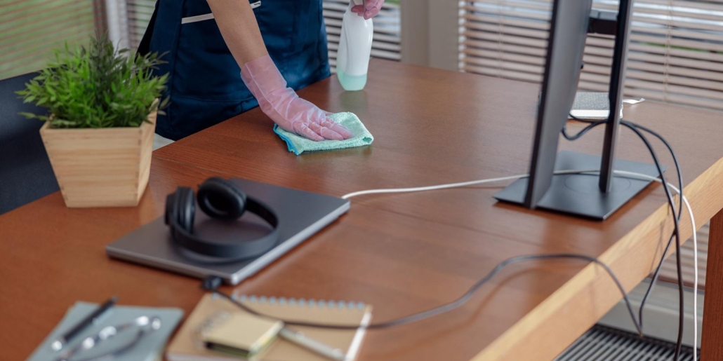 Office desk sanitisation and glass cleaning services in Melbourne CBD commercial building